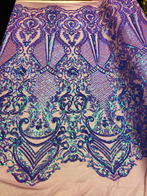 4 Way Stretch Iridescent Lilac Damask Fish Net Design Sequins Fashion Dress Fabric Mesh By Yard