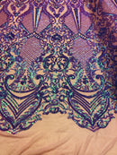 4 Way Stretch Iridescent Lilac Damask Fish Net Design Sequins Fashion Dress Fabric Mesh By The Yard