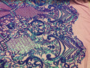 3yards 4 Way Stretch Iridescent Lilac Damask Fish Net Design Sequins Fashion Dress Fabric Mesh