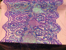 4 Way Stretch Iridescent Lilac Damask Fish Net Design Sequins Fashion Dress Fabric Mesh By The Yard