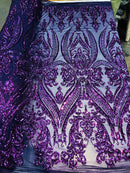 Big Damask Sequins Fabric - Purple - 4 Way Stretch Damask Sequins Design Fabric By Yard