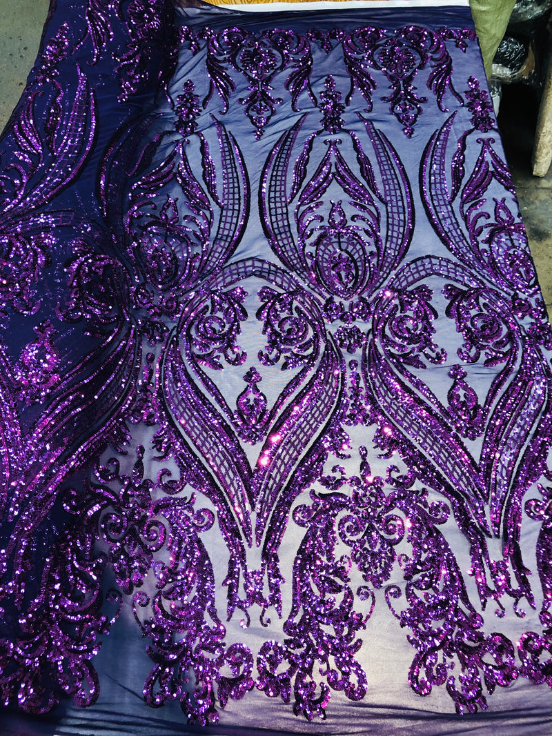 Big Damask Sequins Fabric - Purple - 4 Way Stretch Damask Sequins Design Fabric By Yard