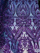 Big Damask Sequins Fabric - Purple - 4 Way Stretch Damask Sequins Design Fabric By Yard