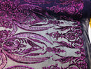 Big Damask Sequins Fabric - Purple - 4 Way Stretch Damask Sequins Design Fabric By Yard
