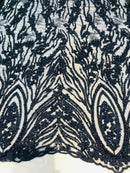 Beaded Fabric - Navy - Embroidered Flower Line Mesh Lace Fabric with Beads Sold By The Yard