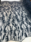 Beaded Fabric - Navy - Embroidered Flower Line Mesh Lace Fabric with Beads Sold By The Yard