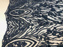 Beaded Fabric - Navy - Embroidered Flower Line Mesh Lace Fabric with Beads Sold By The Yard