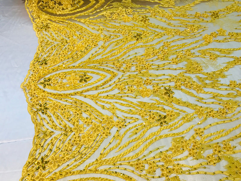 Beaded Fabric - Yellow - Embroidered Flower Line Mesh Lace Fabric with Beads Sold By The Yard