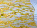 Beaded Fabric - Yellow - Embroidered Flower Line Mesh Lace Fabric with Beads Sold By The Yard