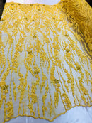 Beaded Fabric - Yellow - Embroidered Flower Line Mesh Lace Fabric with Beads Sold By The Yard