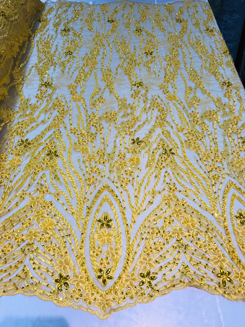 Beaded Fabric - Yellow - Embroidered Flower Line Mesh Lace Fabric with Beads Sold By The Yard