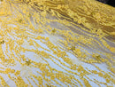 Beaded Fabric - Yellow - Embroidered Flower Line Mesh Lace Fabric with Beads Sold By The Yard