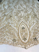 Beaded Fabric - Champagne - Embroidered Flower Line Mesh Lace Fabric with Beads Sold By The Yard