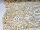 Beaded Fabric - Champagne - Embroidered Flower Line Mesh Lace Fabric with Beads Sold By The Yard