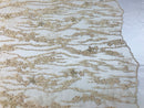 Beaded Fabric - Champagne - Embroidered Flower Line Mesh Lace Fabric with Beads Sold By The Yard