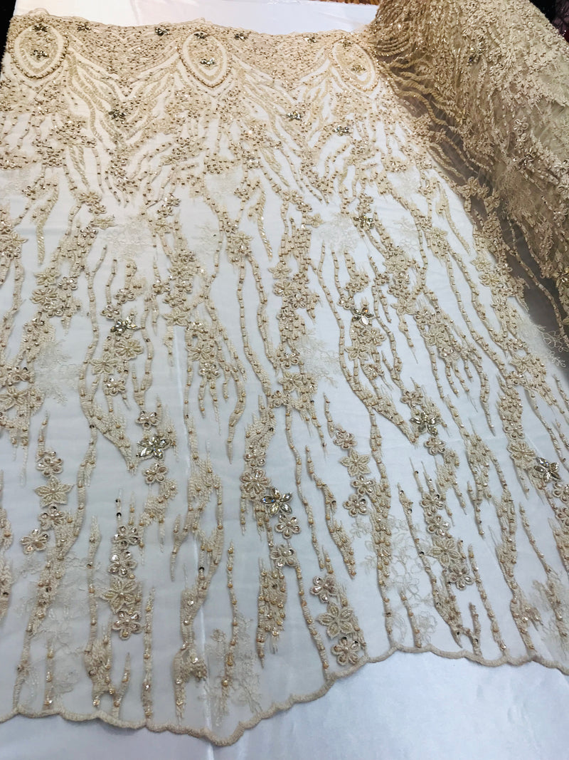 Beaded Fabric - Champagne - Embroidered Flower Line Mesh Lace Fabric with Beads Sold By The Yard