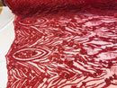 Beaded Fabric - Burgundy - Embroidered Flower Line Mesh Lace Fabric with Beads Sold By The Yard