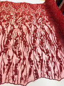 Beaded Fabric - Burgundy - Embroidered Flower Line Mesh Lace Fabric with Beads Sold By The Yard