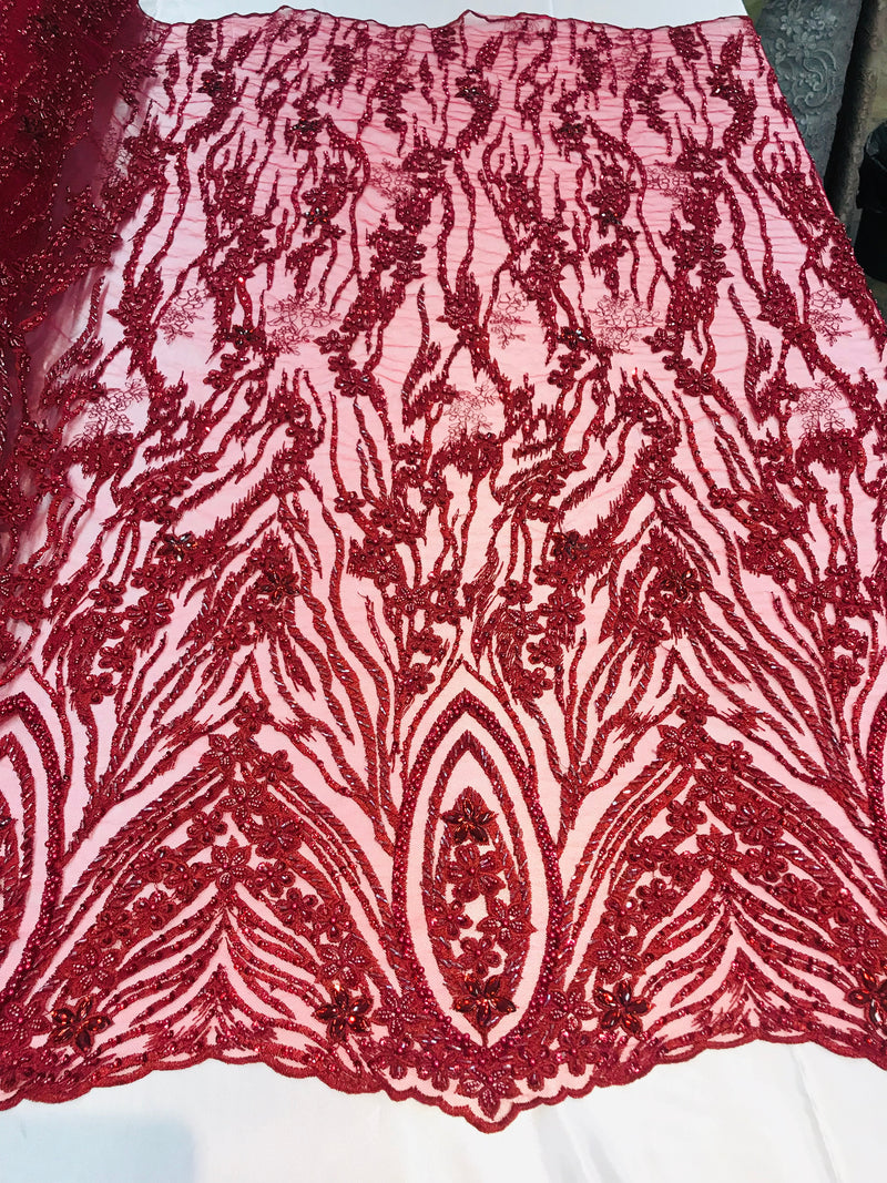 Beaded Fabric - Burgundy - Embroidered Flower Line Mesh Lace Fabric with Beads Sold By The Yard