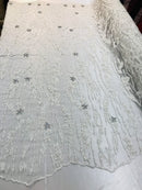 Beaded Fabric - White - Embroidered Flower Line Mesh Lace Fabric with Beads Sold By The Yard