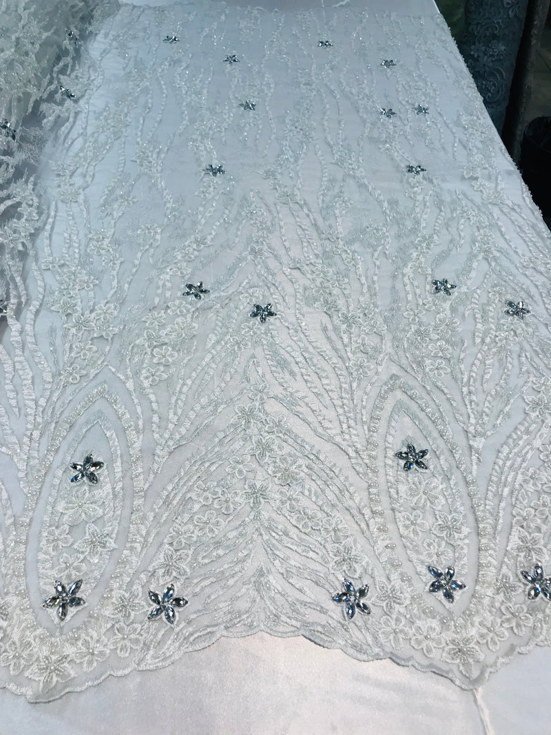 Beaded Fabric - White - Embroidered Flower Line Mesh Lace Fabric with Beads Sold By The Yard