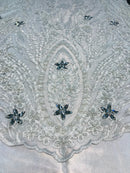 Beaded Fabric - White - Embroidered Flower Line Mesh Lace Fabric with Beads Sold By The Yard