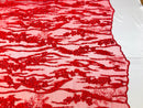 Beaded Fabric - Red - Embroidered Flower Line Mesh Lace Fabric with Beads Sold By The Yard