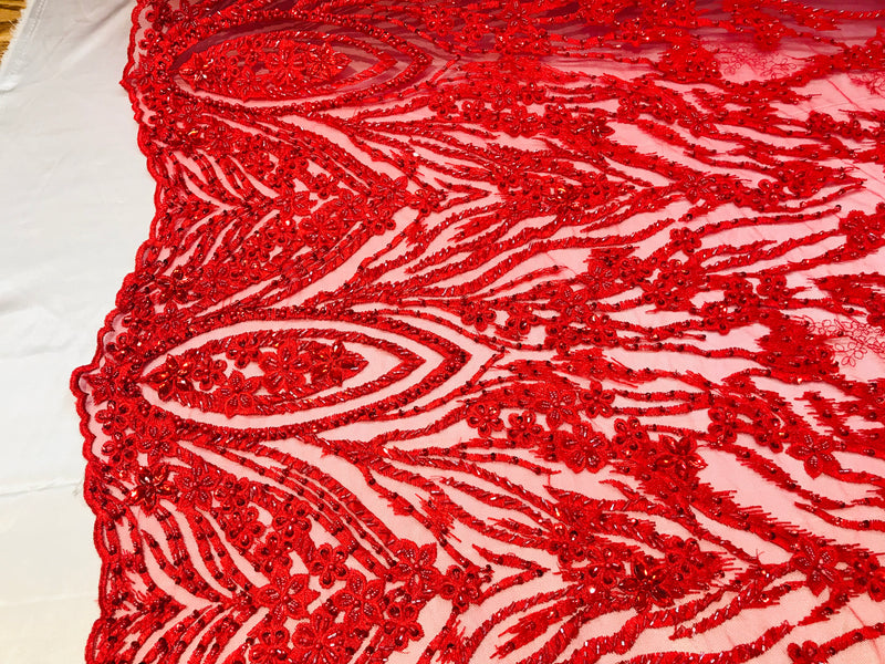 Beaded Fabric - Red - Embroidered Flower Line Mesh Lace Fabric with Beads Sold By The Yard