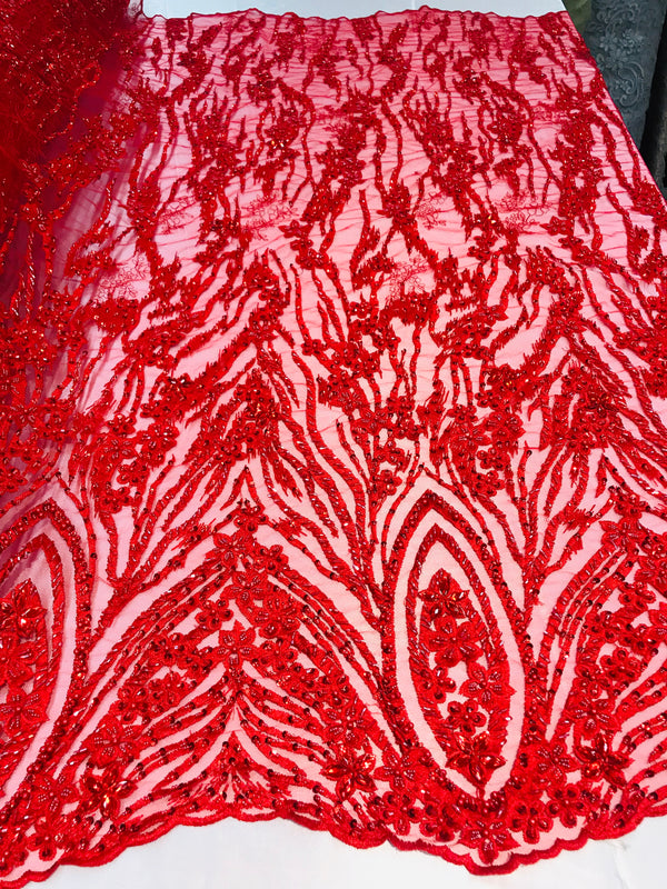 Beaded Fabric - Red - Embroidered Flower Line Mesh Lace Fabric with Beads Sold By The Yard