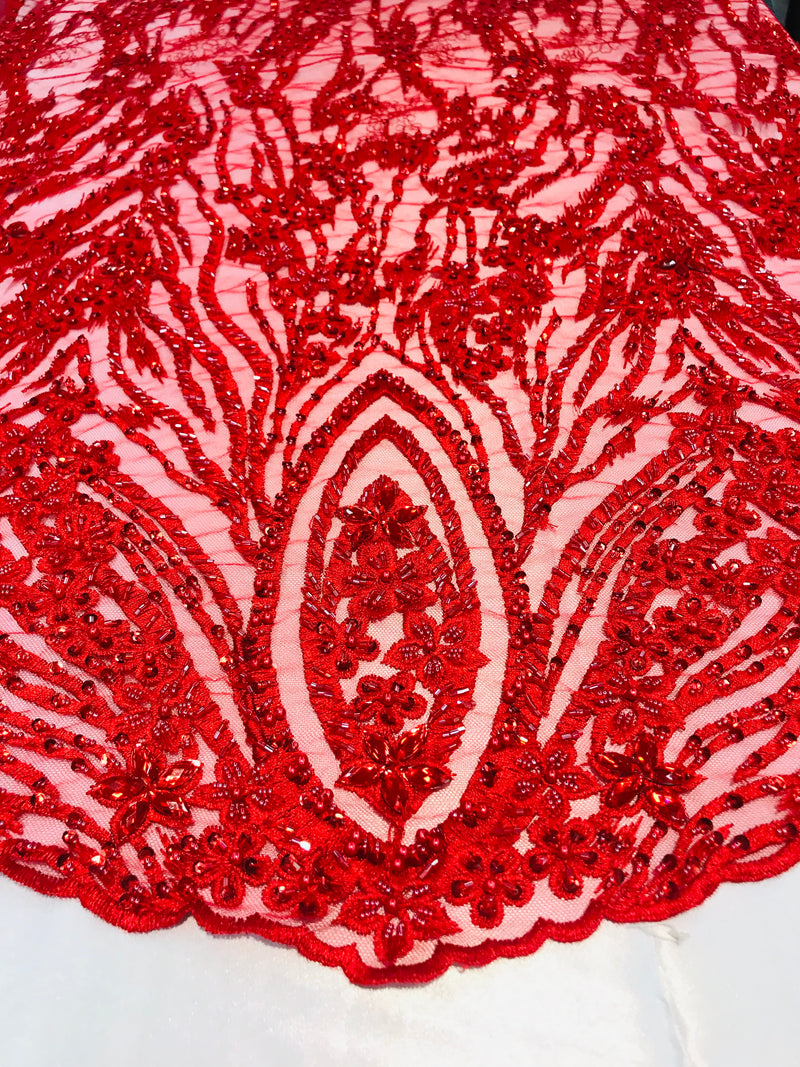 Beaded Fabric - Red - Embroidered Flower Line Mesh Lace Fabric with Beads Sold By The Yard