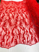 Beaded Fabric - Red - Embroidered Flower Line Mesh Lace Fabric with Beads Sold By The Yard