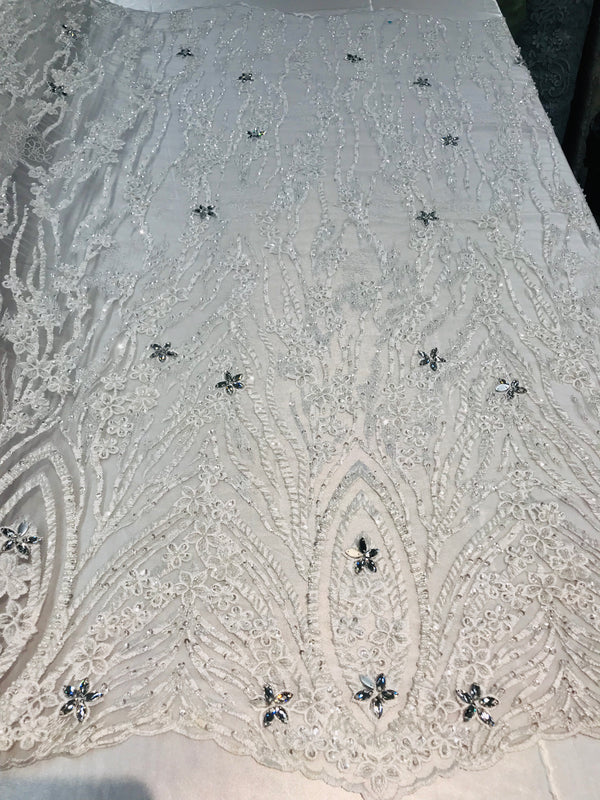 Beaded Fabric - Ivory - Embroidered Flower Line Mesh Lace Fabric with Beads Sold By The Yard