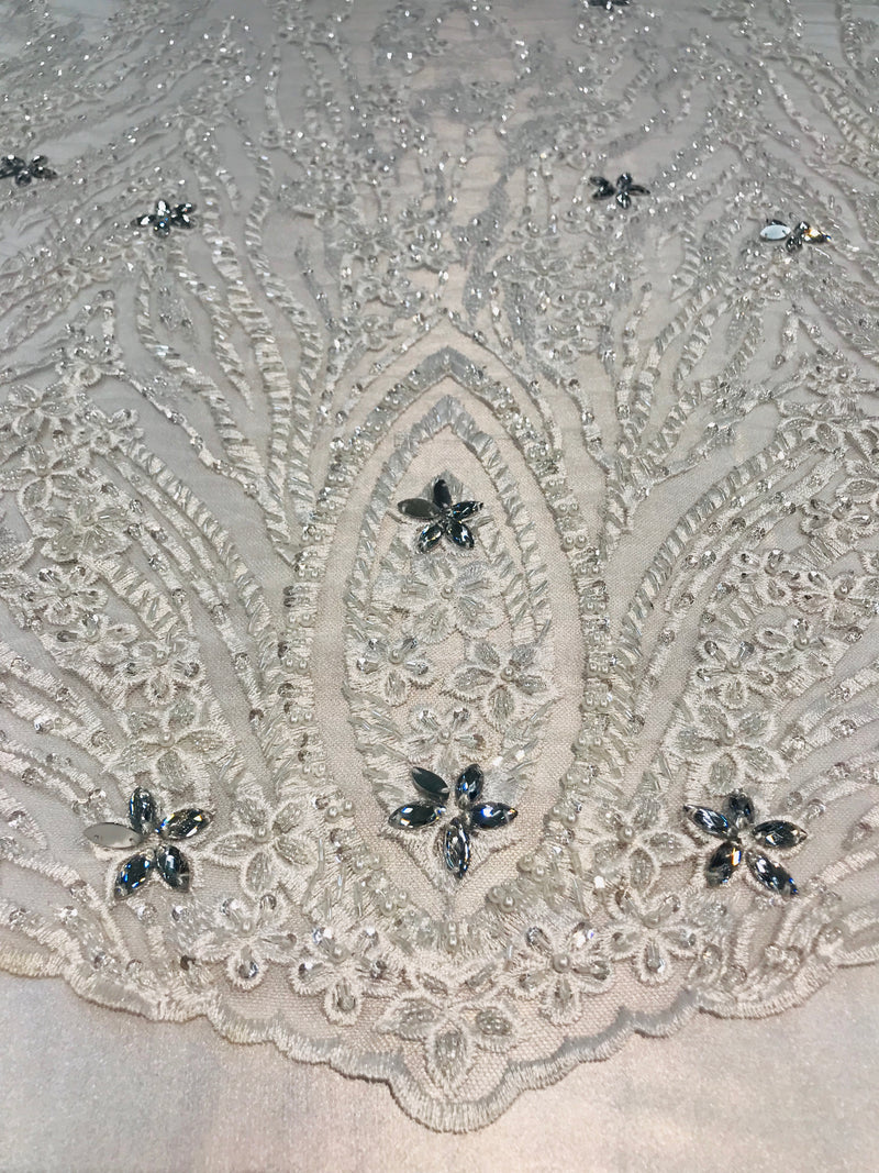 Beaded Fabric - Ivory - Embroidered Flower Line Mesh Lace Fabric with Beads Sold By The Yard