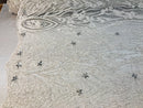 Beaded Fabric - Ivory - Embroidered Flower Line Mesh Lace Fabric with Beads Sold By The Yard