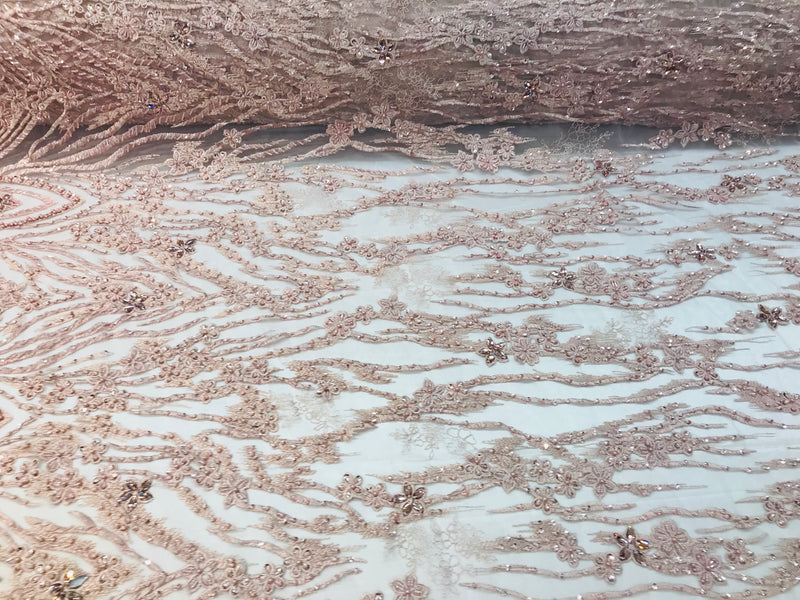 Beaded Fabric - Blush - Embroidered Flower Line Mesh Lace Fabric with Beads Sold By The Yard