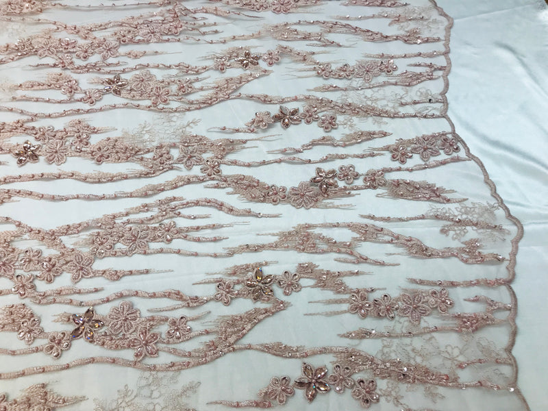 Beaded Fabric - Blush - Embroidered Flower Line Mesh Lace Fabric with Beads Sold By The Yard