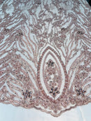 Beaded Fabric - Blush - Embroidered Flower Line Mesh Lace Fabric with Beads Sold By The Yard