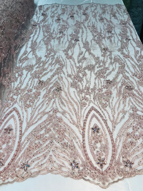 Beaded Fabric - Blush - Embroidered Flower Line Mesh Lace Fabric with Beads Sold By The Yard