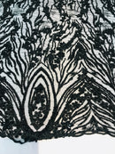 Beaded Fabric - Black - Embroidered Flower Line Mesh Lace Fabric with Beads Sold By The Yard