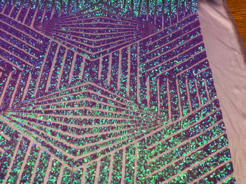 2 Way Stretch - Lilac - Geometric Design Sequins On Mesh Elegant Fabrics Sold By Yard