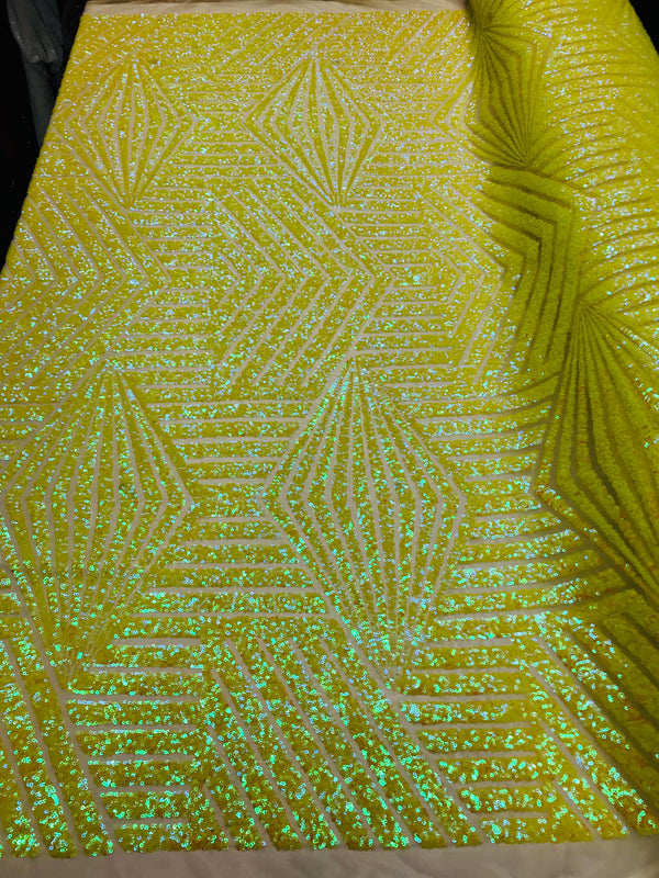 2 Way Stretch - Iridescent Yellow - Geometric Design Sequins On Mesh Elegant Fabrics Sold By Yard