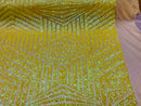 2 Way Stretch - Iridescent Yellow - Geometric Design Sequins On Mesh Elegant Fabrics Sold By Yard
