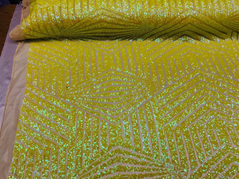 2 Way Stretch - Iridescent Yellow - Geometric Design Sequins On Mesh Elegant Fabrics Sold By Yard