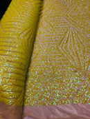 2 Way Stretch - Iridescent Yellow - Geometric Design Sequins On Mesh Elegant Fabrics Sold By Yard
