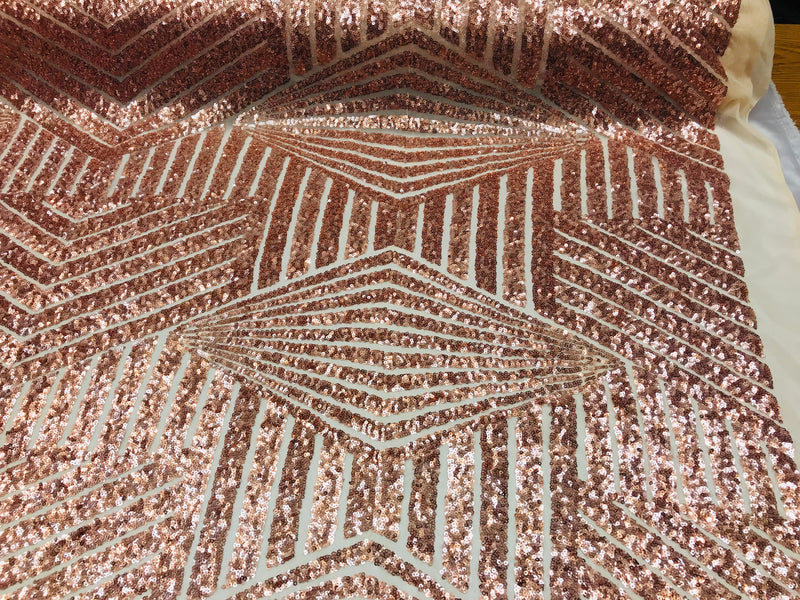2 Way Stretch - Rose Gold - Geometric Design Sequins On Mesh Elegant Fabrics Sold By Yard