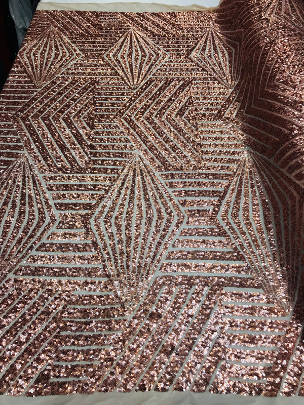 2 Way Stretch - Rose Gold - Geometric Design Sequins On Mesh Elegant Fabrics Sold By Yard