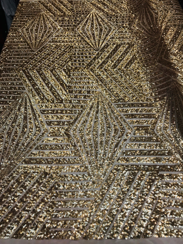 2 Way Stretch - Gold - Geometric Design Sequins On Mesh Elegant Fabrics Sold By Yard