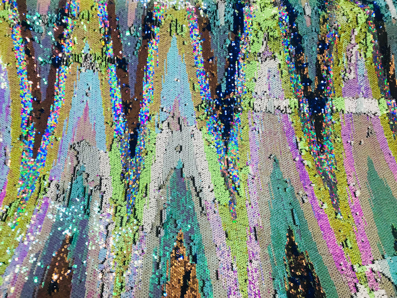 Mermaid Flip Up Reversible MultiColor Shiny  Zig Zag Pattern Sequins Fabric Spandex By The Yard