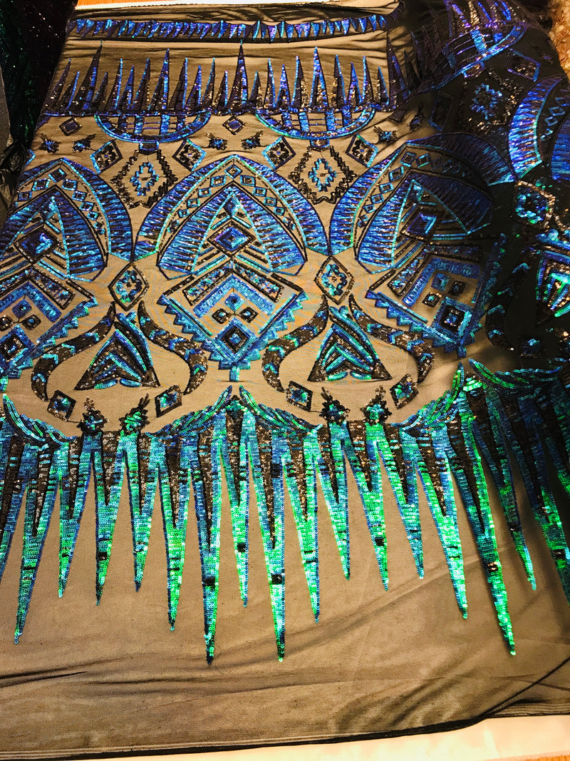 Two Tone 4 Way Stretch - Jade Green / Blue - Tribal Pattern Design Sequins Mesh Fabric Sold By Yard