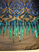 Two Tone 4 Way Stretch - Jade Green / Blue - Tribal Pattern Design Sequins Mesh Fabric Sold By Yard